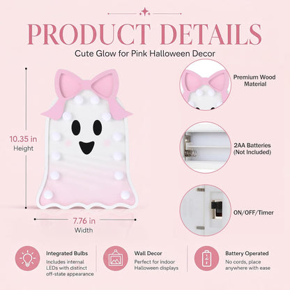 Pink Ghost Halloween Decor Light Up Wooden Ghost with Bow