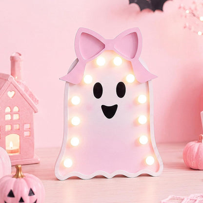 Pink Ghost Halloween Decor Light Up Wooden Ghost with Bow