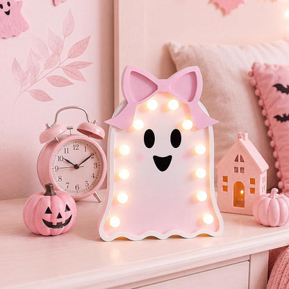 Pink Ghost Halloween Decor Light Up Wooden Ghost with Bow