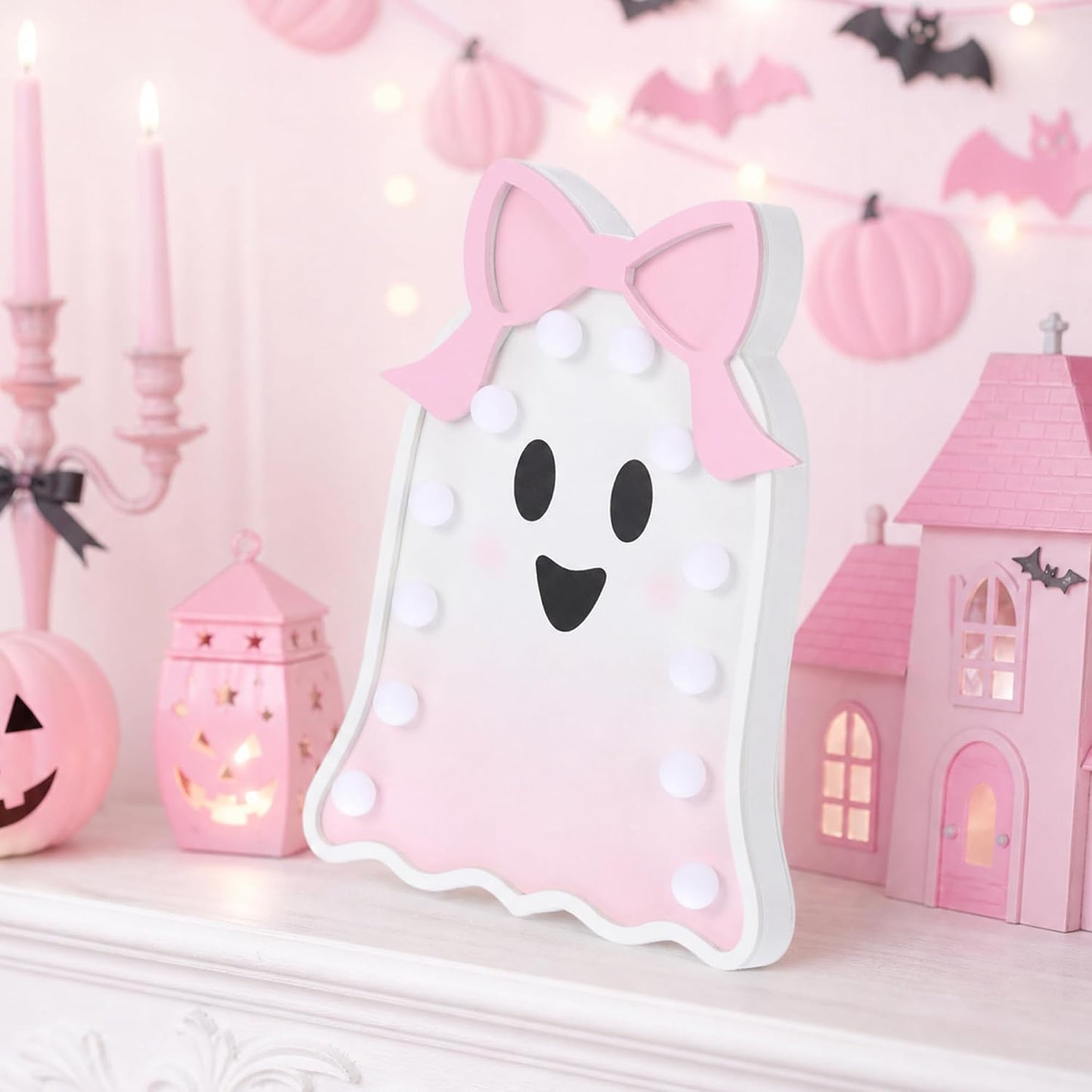 Pink Ghost Halloween Decor Light Up Wooden Ghost with Bow