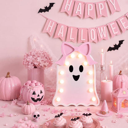 Pink Ghost Halloween Decor Light Up Wooden Ghost with Bow