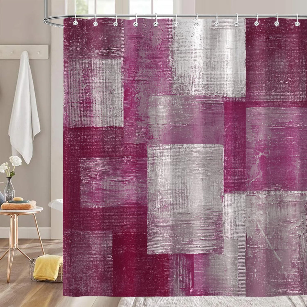Abstract Red Pink White Shower Curtain for Bathroom, Modern Minimalist Art Bath Curtain Decor Waterproof Fabric with Hooks 72x72 Inches