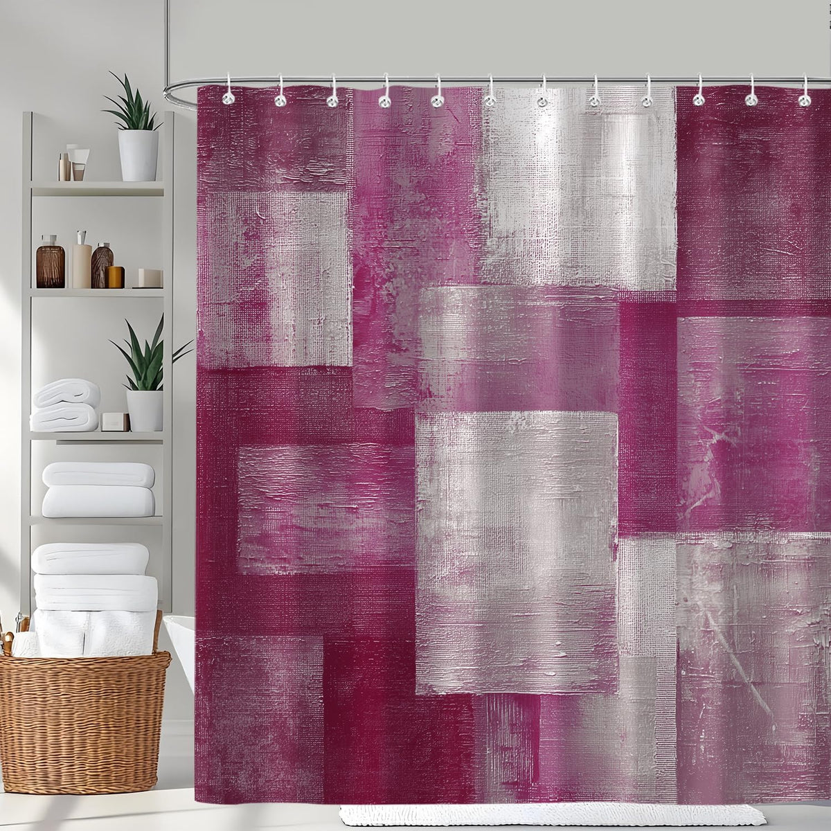 Abstract Red Pink White Shower Curtain for Bathroom, Modern Minimalist Art Bath Curtain Decor Waterproof Fabric with Hooks 72x72 Inches