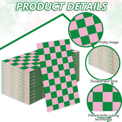 JarThenaAMCS 50Pcs Pink Green Plaid Guest Napkin Checkered Paper Napkins Color Block Gingham Disposable Hand Towels for Bridal Shower Wedding Birthday Tea Party Supplies
