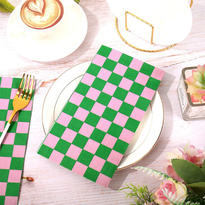 JarThenaAMCS 50Pcs Pink Green Plaid Guest Napkin Checkered Paper Napkins Color Block Gingham Disposable Hand Towels for Bridal Shower Wedding Birthday Tea Party Supplies