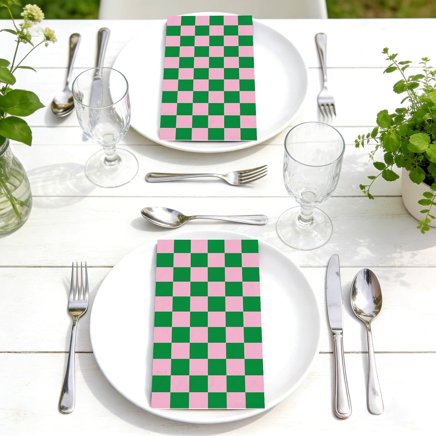 JarThenaAMCS 50Pcs Pink Green Plaid Guest Napkin Checkered Paper Napkins Color Block Gingham Disposable Hand Towels for Bridal Shower Wedding Birthday Tea Party Supplies