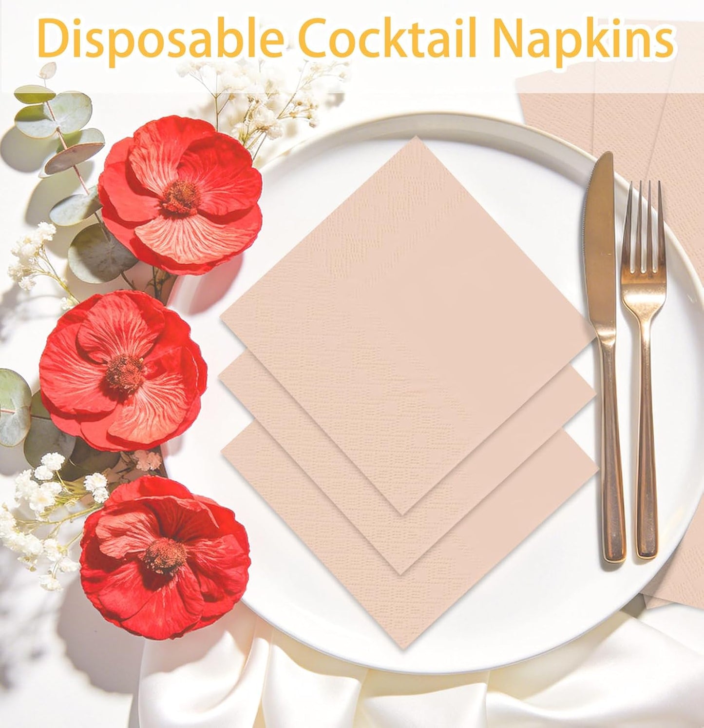 SietDESEO 50 Pieces Rose Gold Napkins Disposable 3-Ply Rose Gold Cocktail Napkins Paper Dinner Napkins for Birthday Baby Shower Wedding Graduation Party Beverage Napkin