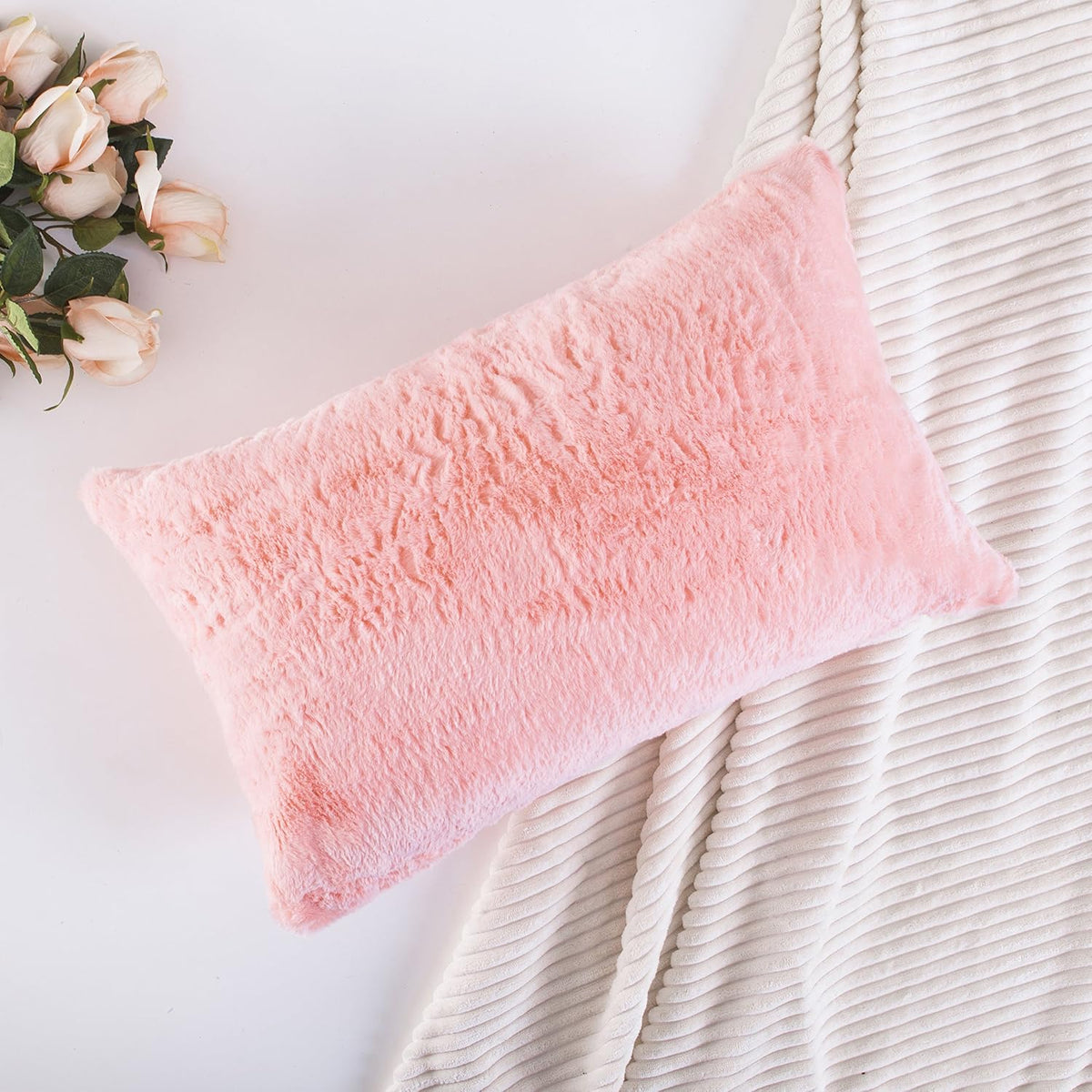 Pink Pillow Covers 12x20 Decorations Plush Fluffy Faux Fur Throw Pillow Case Supersoft Oblong Cushion Cover for Teen Girls, 12 x 20 inch, Pink