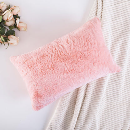 Pink Pillow Covers 12x20 Decorations Plush Fluffy Faux Fur Throw Pillow Case Supersoft Oblong Cushion Cover for Teen Girls, 12 x 20 inch, Pink