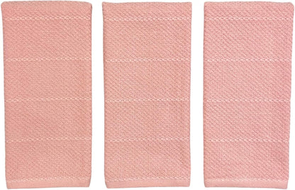 Light Pink Kitchen Hand Dish Towels: Oversized 28" x 18",100% Cotton Cloth Soft Cleaning Drying Absorbent Textured Design, Set of 3 Multipurpose for Everyday Use (Pink)