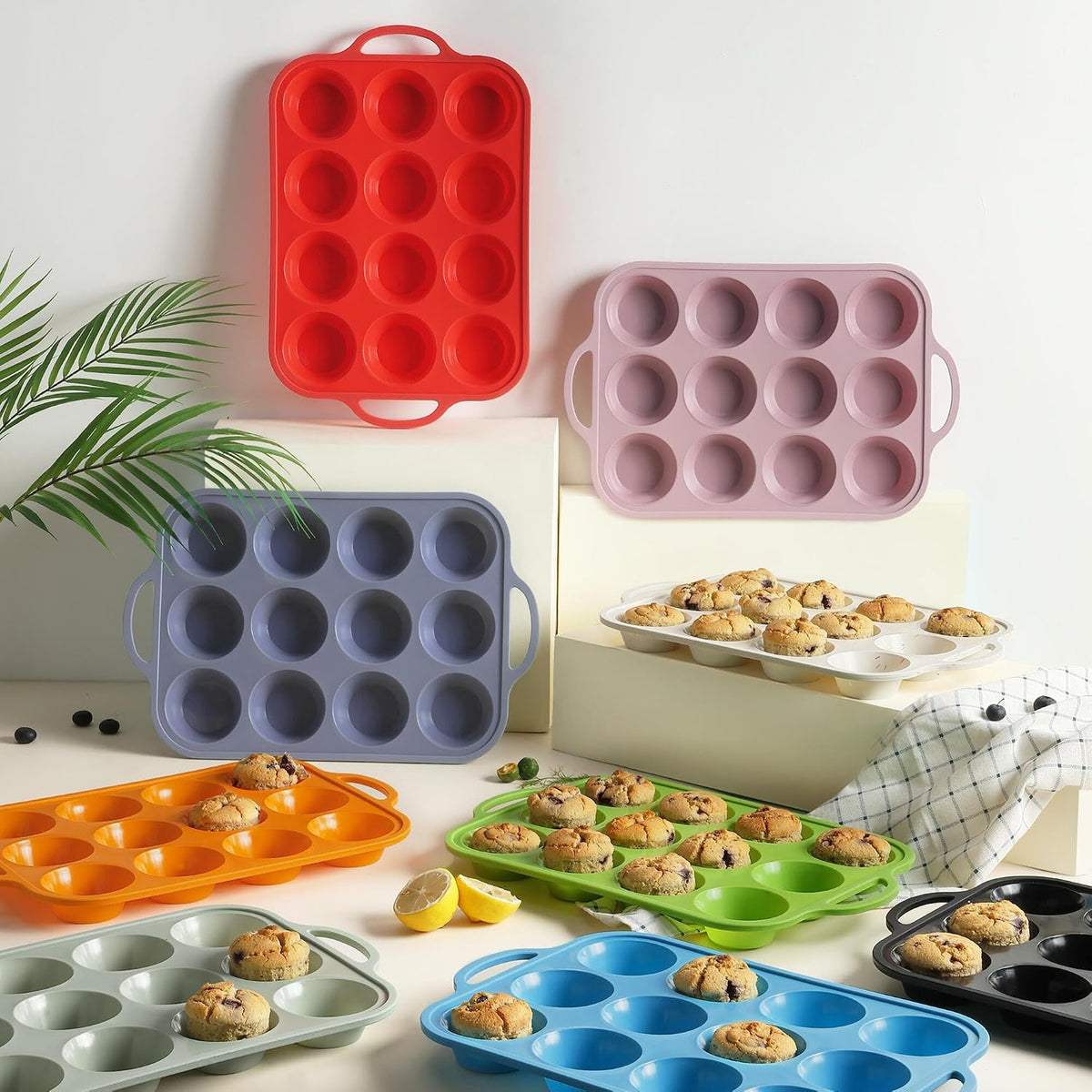 2 Packs 12 Cups Silicone Muffin Pan with Metal Reinforced Frame Regular Size Cupcake Pan Tray Egg Bites Silicone Circle Cookie Molds Muffin Tin Tart Pans Baking Sheet Set for Breakfast Sandwiches