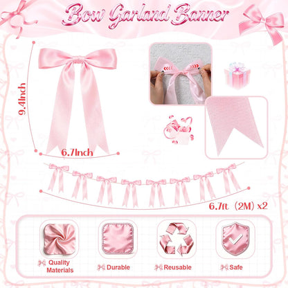 2 Strings Pink Bow Decor, Bow Garland Banner for Birthday Party Decorations