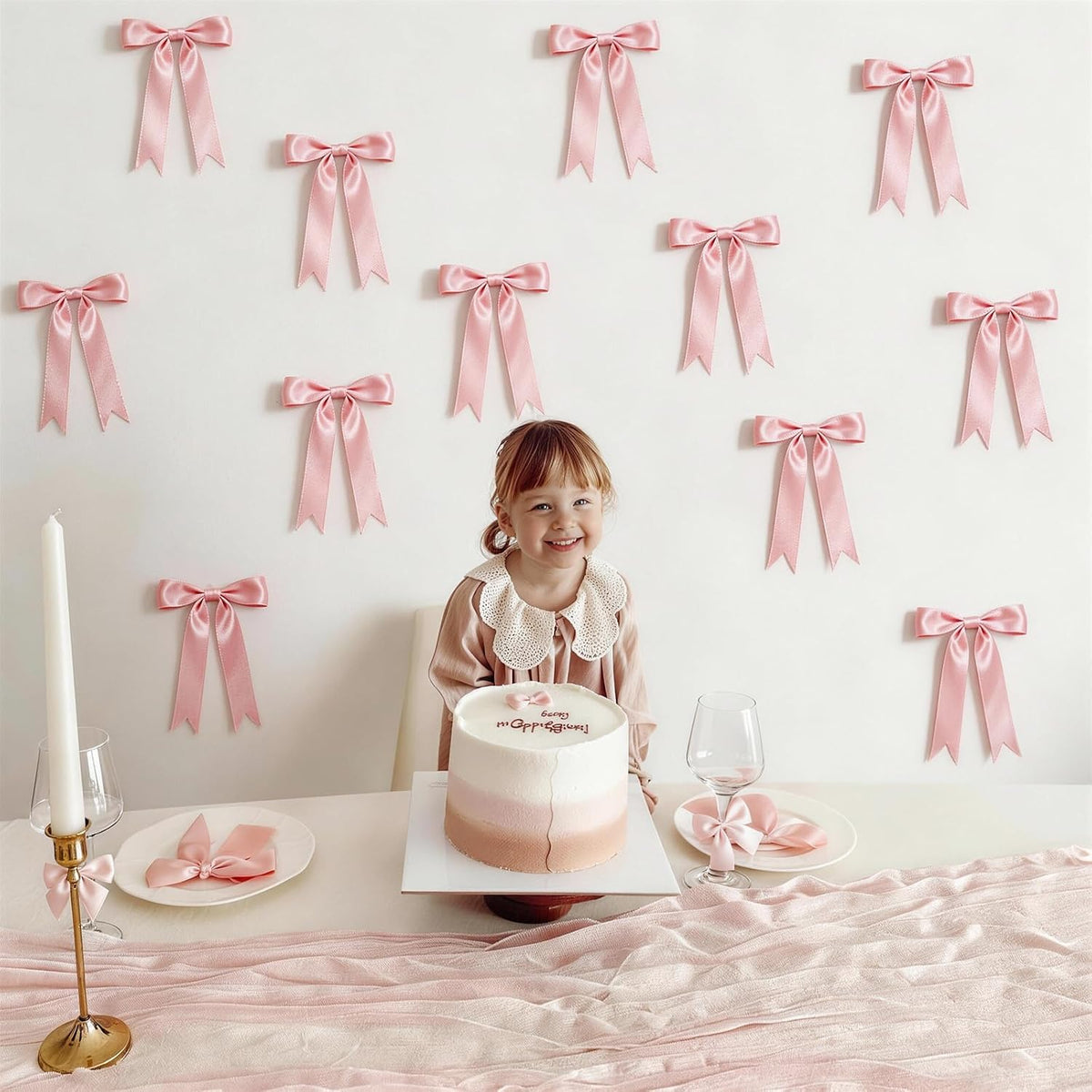 2 Strings Pink Bow Decor, Bow Garland Banner for Birthday Party Decorations