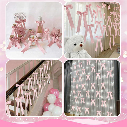 2 Strings Pink Bow Decor, Bow Garland Banner for Birthday Party Decorations