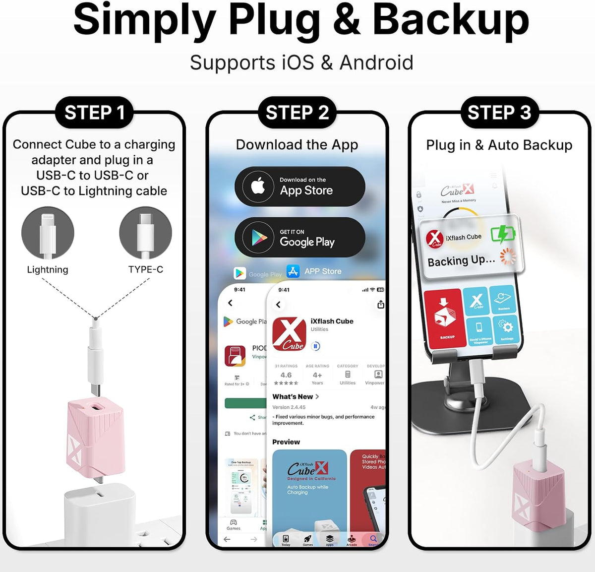 iXflash Cube 512GB USB Flash Drive for iPhone/iPad/Android, Auto Photo Backup While Fast Charging, Apple MFi USB C 3.2 Data Cube Photo Stick Backup Drive, External Hard Drive w/Free APP Pink