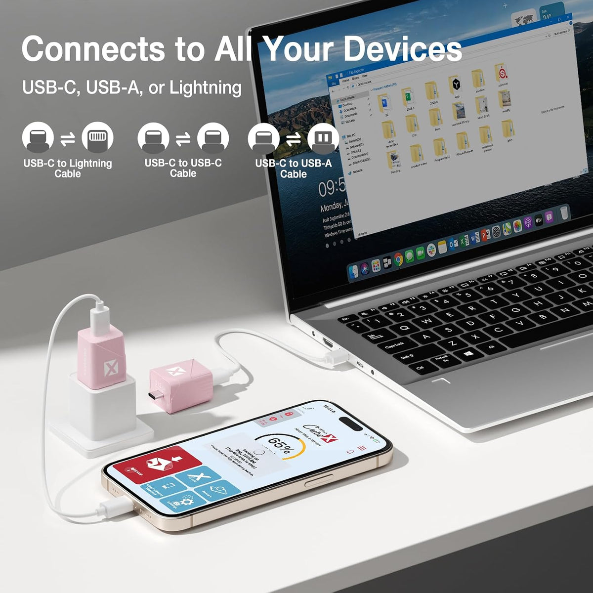 iXflash Cube 512GB USB Flash Drive for iPhone/iPad/Android, Auto Photo Backup While Fast Charging, Apple MFi USB C 3.2 Data Cube Photo Stick Backup Drive, External Hard Drive w/Free APP Pink