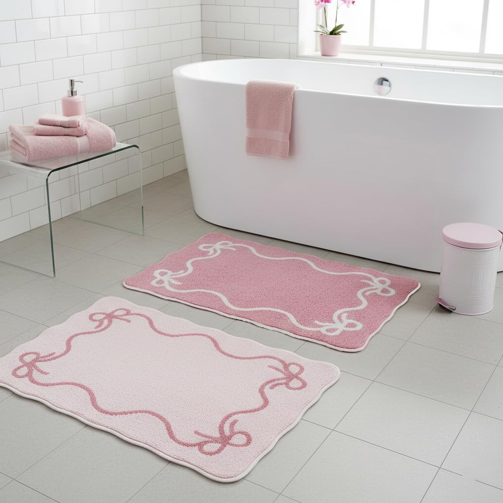 Pink Bow Plush Bath Mats, 2 Pack, 19.7 x 31.5 in with 8 Non-Slip Stickers
