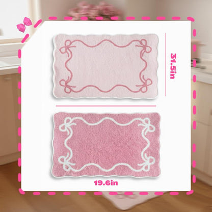Pink Bow Plush Bath Mats, 2 Pack, 19.7 x 31.5 in with 8 Non-Slip Stickers
