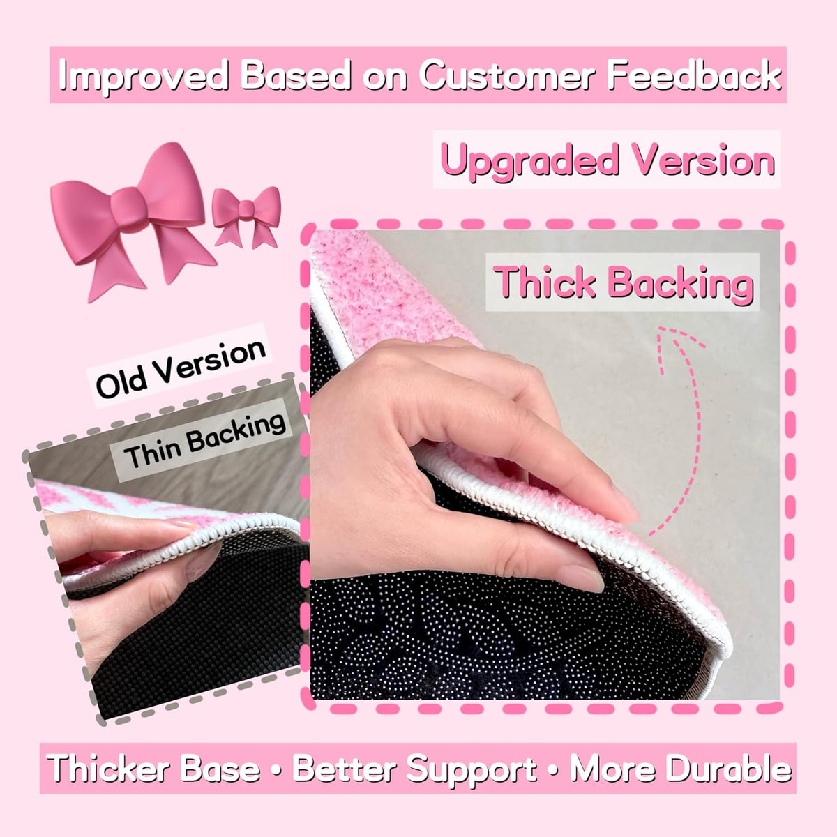 Pink Bow Plush Bath Mats, 2 Pack, 19.7 x 31.5 in with 8 Non-Slip Stickers
