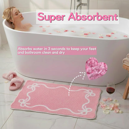 Pink Bow Plush Bath Mats, 2 Pack, 19.7 x 31.5 in with 8 Non-Slip Stickers