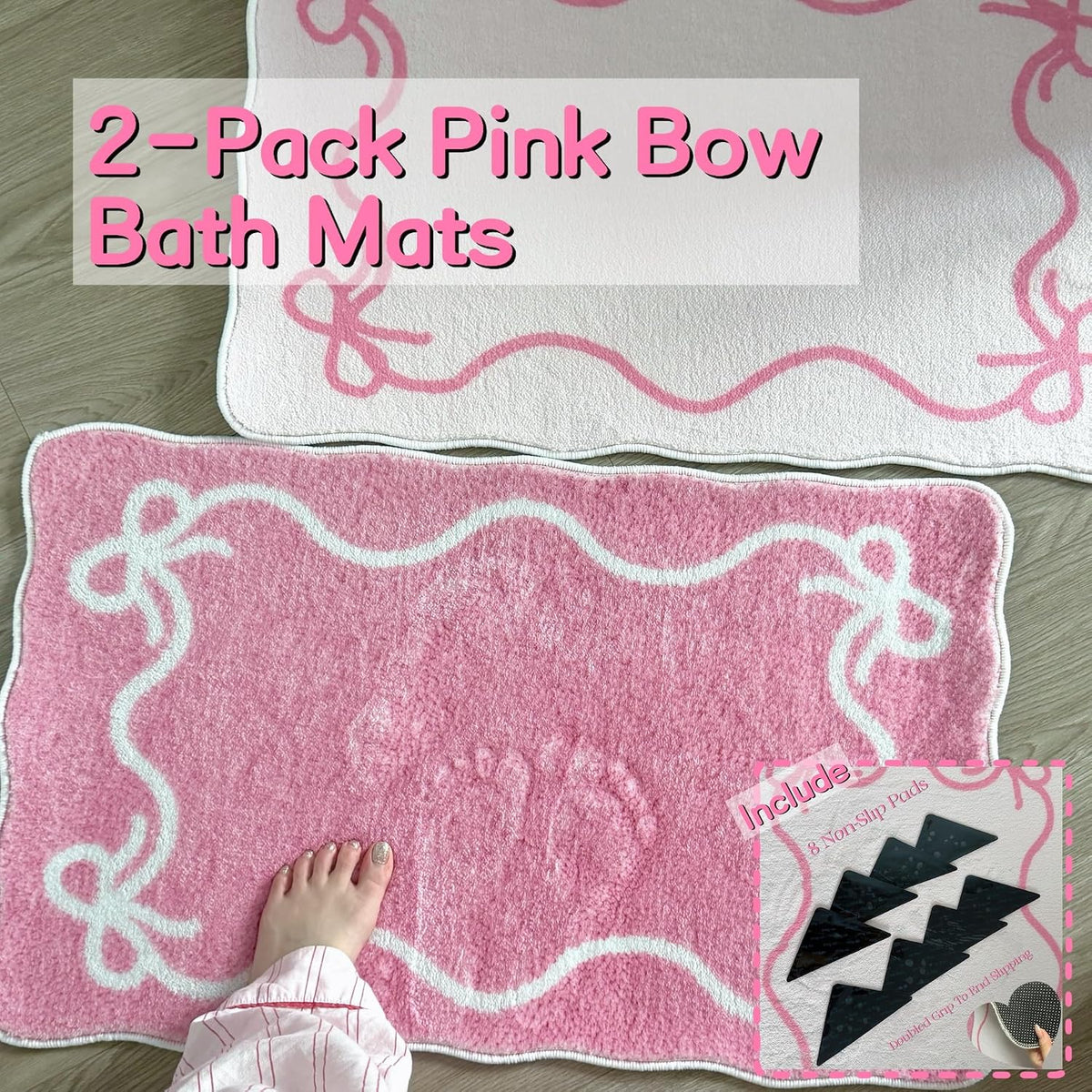 Pink Bow Plush Bath Mats, 2 Pack, 19.7 x 31.5 in with 8 Non-Slip Stickers