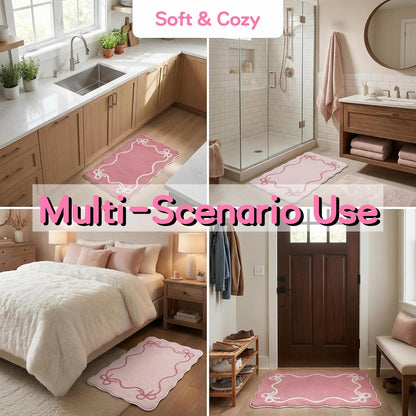 Pink Bow Plush Bath Mats, 2 Pack, 19.7 x 31.5 in with 8 Non-Slip Stickers