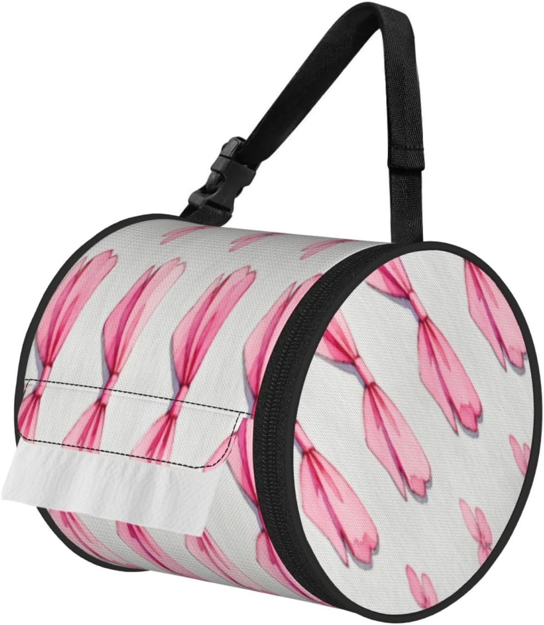 Round Tissue Holder Bag Car Hanging Tissue Boxes Cover with Adjustable Strap Foldable Roll Storage Bags with Zipper Tissues Case Organizer for Home Decor Toilet Office(Pink Flower Bow)