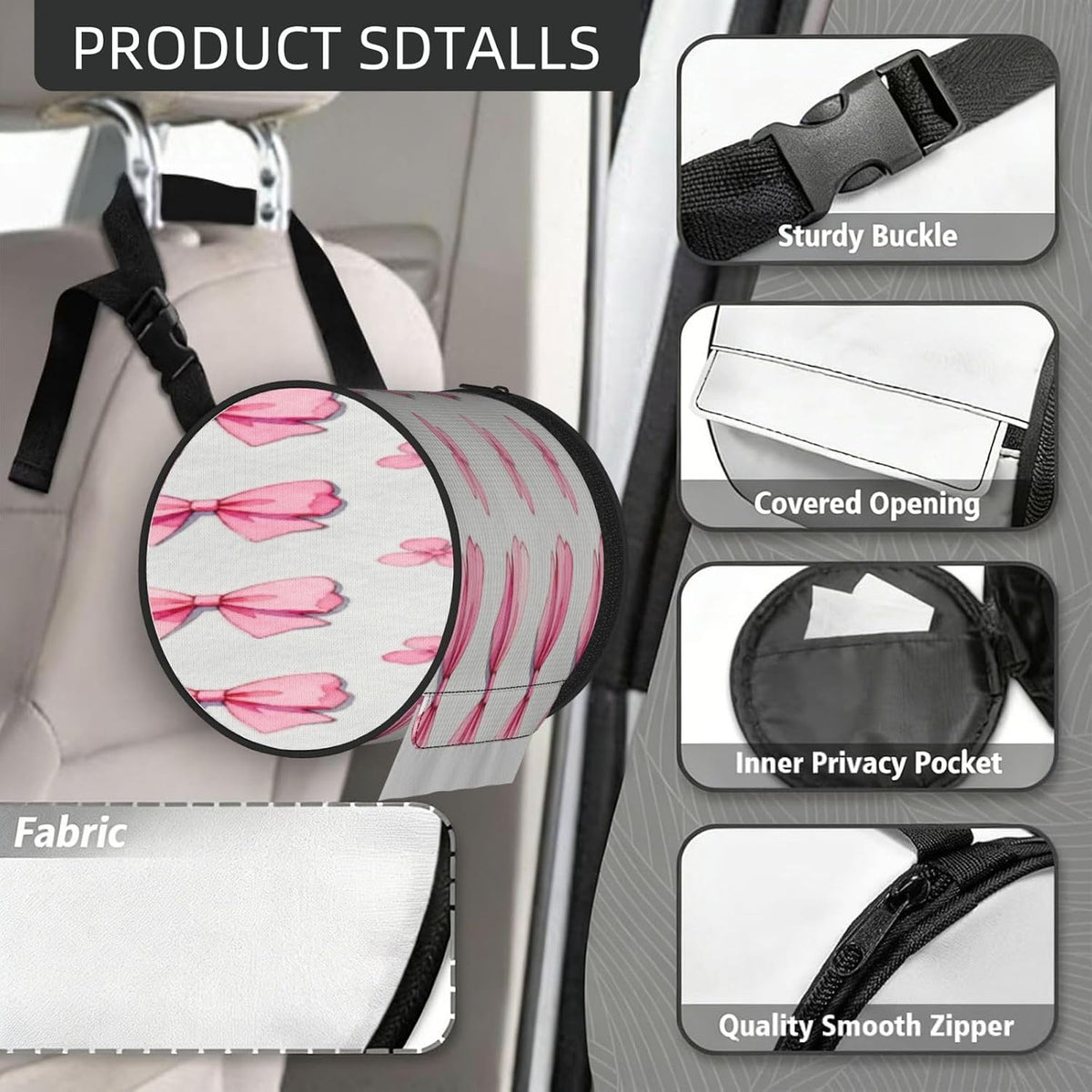 Round Tissue Holder Bag Car Hanging Tissue Boxes Cover with Adjustable Strap Foldable Roll Storage Bags with Zipper Tissues Case Organizer for Home Decor Toilet Office(Pink Flower Bow)