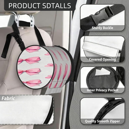 Round Tissue Holder Bag Car Hanging Tissue Boxes Cover with Adjustable Strap Foldable Roll Storage Bags with Zipper Tissues Case Organizer for Home Decor Toilet Office(Pink Flower Bow)