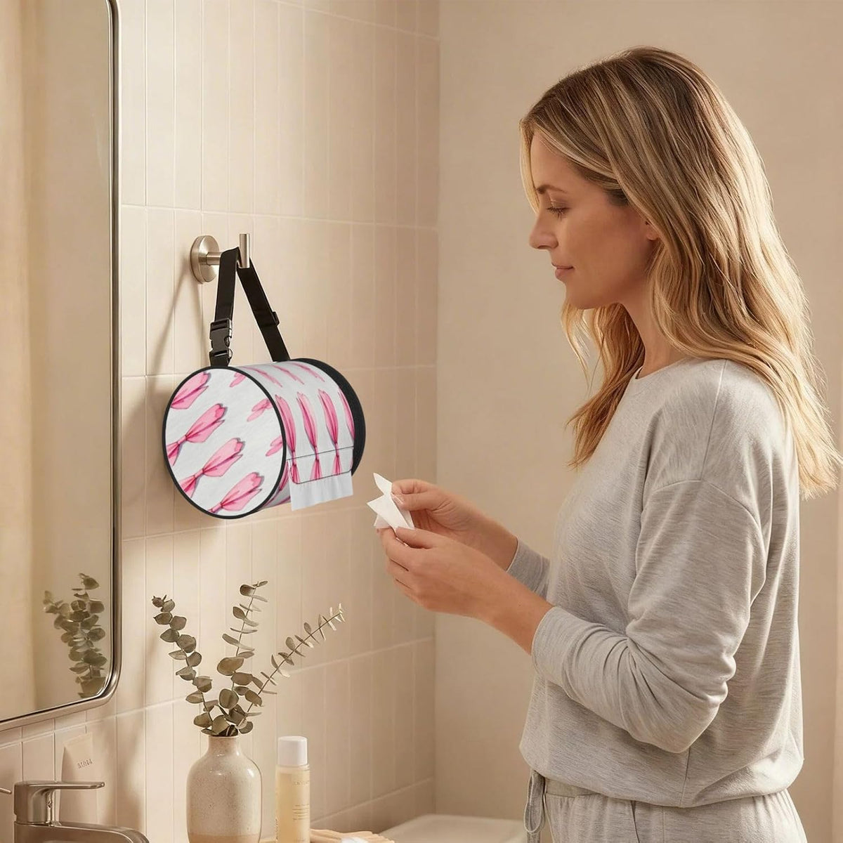 Round Tissue Holder Bag Car Hanging Tissue Boxes Cover with Adjustable Strap Foldable Roll Storage Bags with Zipper Tissues Case Organizer for Home Decor Toilet Office(Pink Flower Bow)