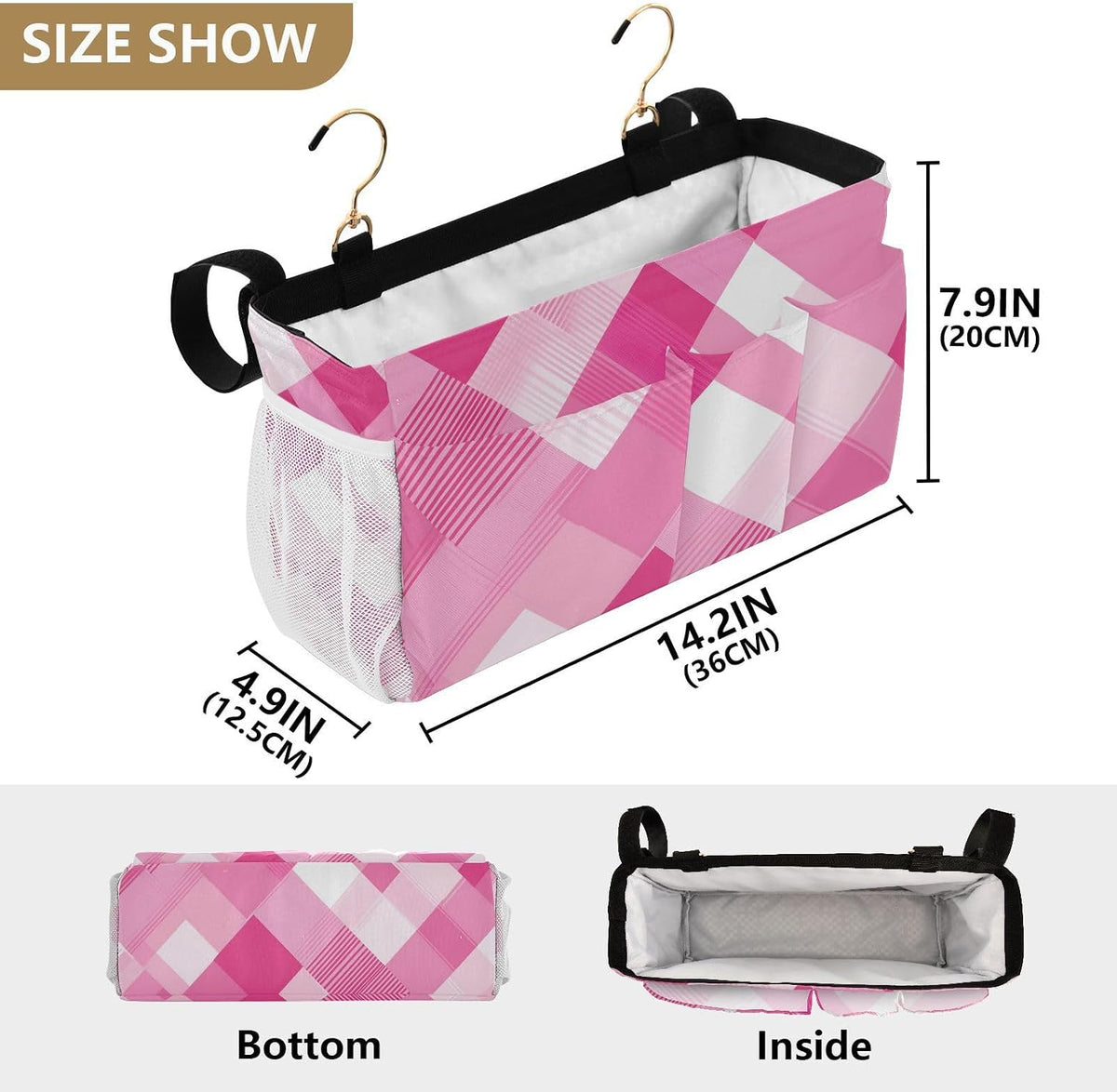 Light Pink Checkered Plaid Bedside Caddy Bedside Organizer Bedside Storage Caddy College Dorm Bed Accessories