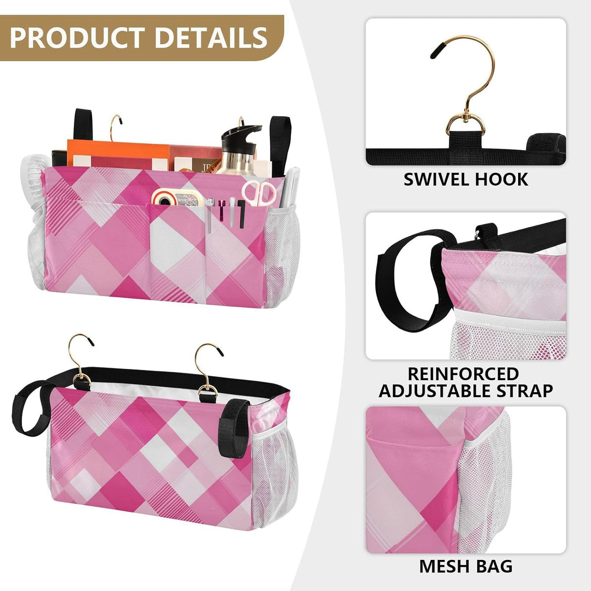 Light Pink Checkered Plaid Bedside Caddy Bedside Organizer Bedside Storage Caddy College Dorm Bed Accessories