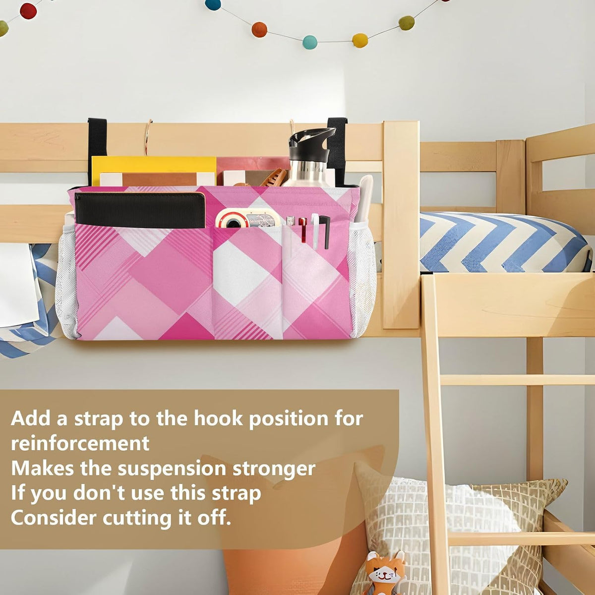 Light Pink Checkered Plaid Bedside Caddy Bedside Organizer Bedside Storage Caddy College Dorm Bed Accessories