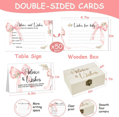50Pcs Pink Bow Baby Shower Advice Cards, Game Cards for Shower Decor Girl
