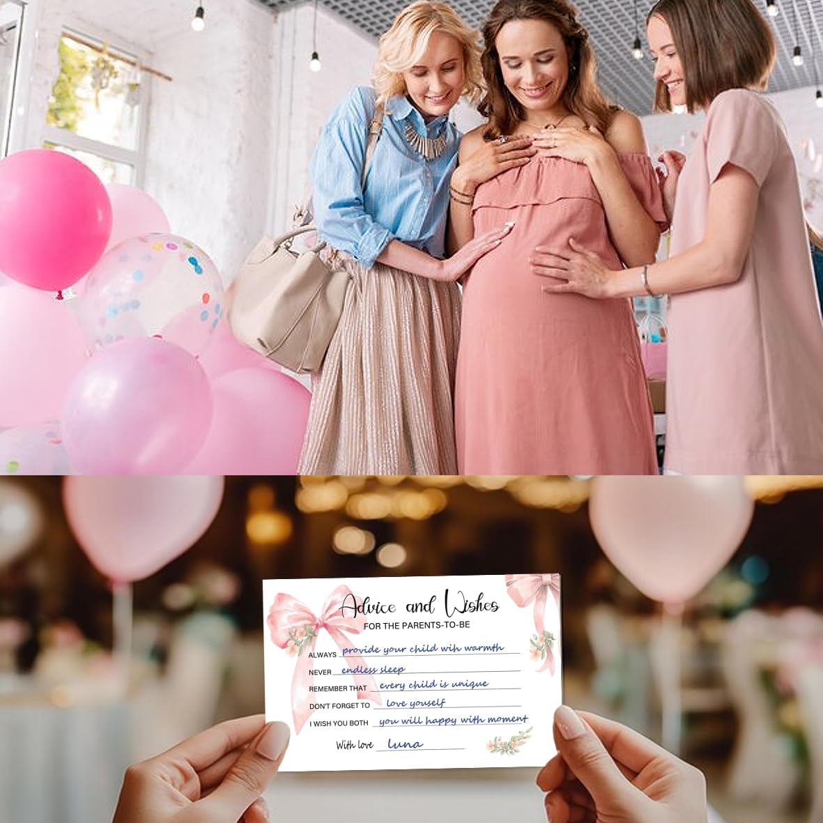 50Pcs Pink Bow Baby Shower Advice Cards, Game Cards for Shower Decor Girl