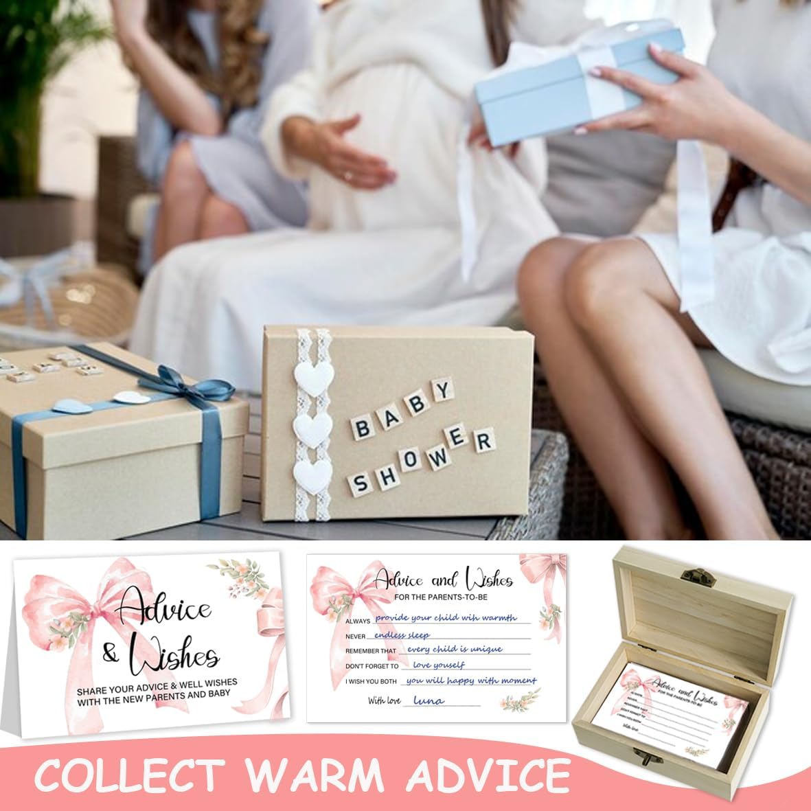 50Pcs Pink Bow Baby Shower Advice Cards, Game Cards for Shower Decor Girl