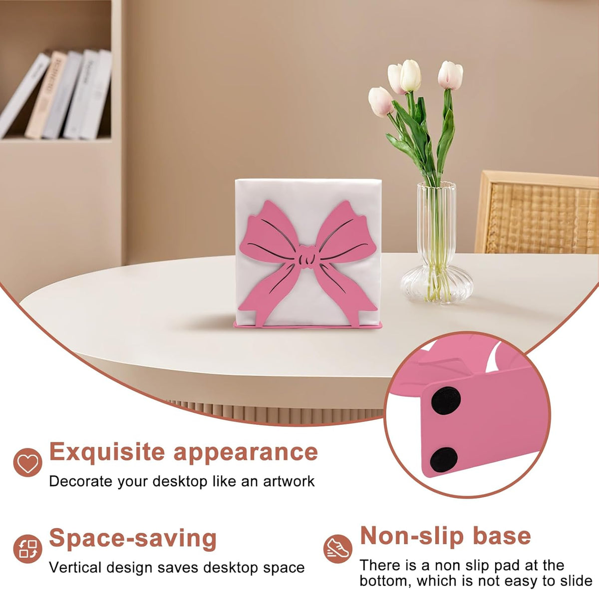 Pink Bow Design Napkin Holder for Table,Metal Standing Napkin Dispenser for 5-inch Paper Napkins,Pink Metal Napkin Storage for Kitchen Dining Room Coffee Bar,Mail Letter Sorter Rack