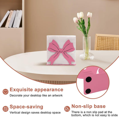 Pink Bow Design Napkin Holder for Table,Metal Standing Napkin Dispenser for 5-inch Paper Napkins,Pink Metal Napkin Storage for Kitchen Dining Room Coffee Bar,Mail Letter Sorter Rack