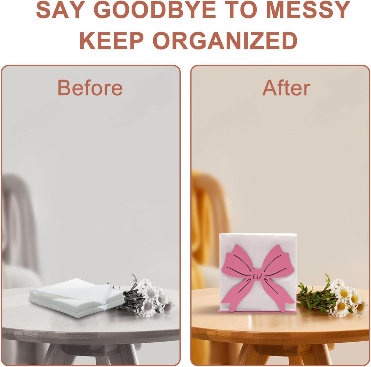 Pink Bow Design Napkin Holder for Table,Metal Standing Napkin Dispenser for 5-inch Paper Napkins,Pink Metal Napkin Storage for Kitchen Dining Room Coffee Bar,Mail Letter Sorter Rack