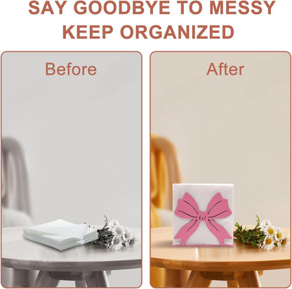Pink Bow Design Napkin Holder for Table,Metal Standing Napkin Dispenser for 5-inch Paper Napkins,Pink Metal Napkin Storage for Kitchen Dining Room Coffee Bar,Mail Letter Sorter Rack