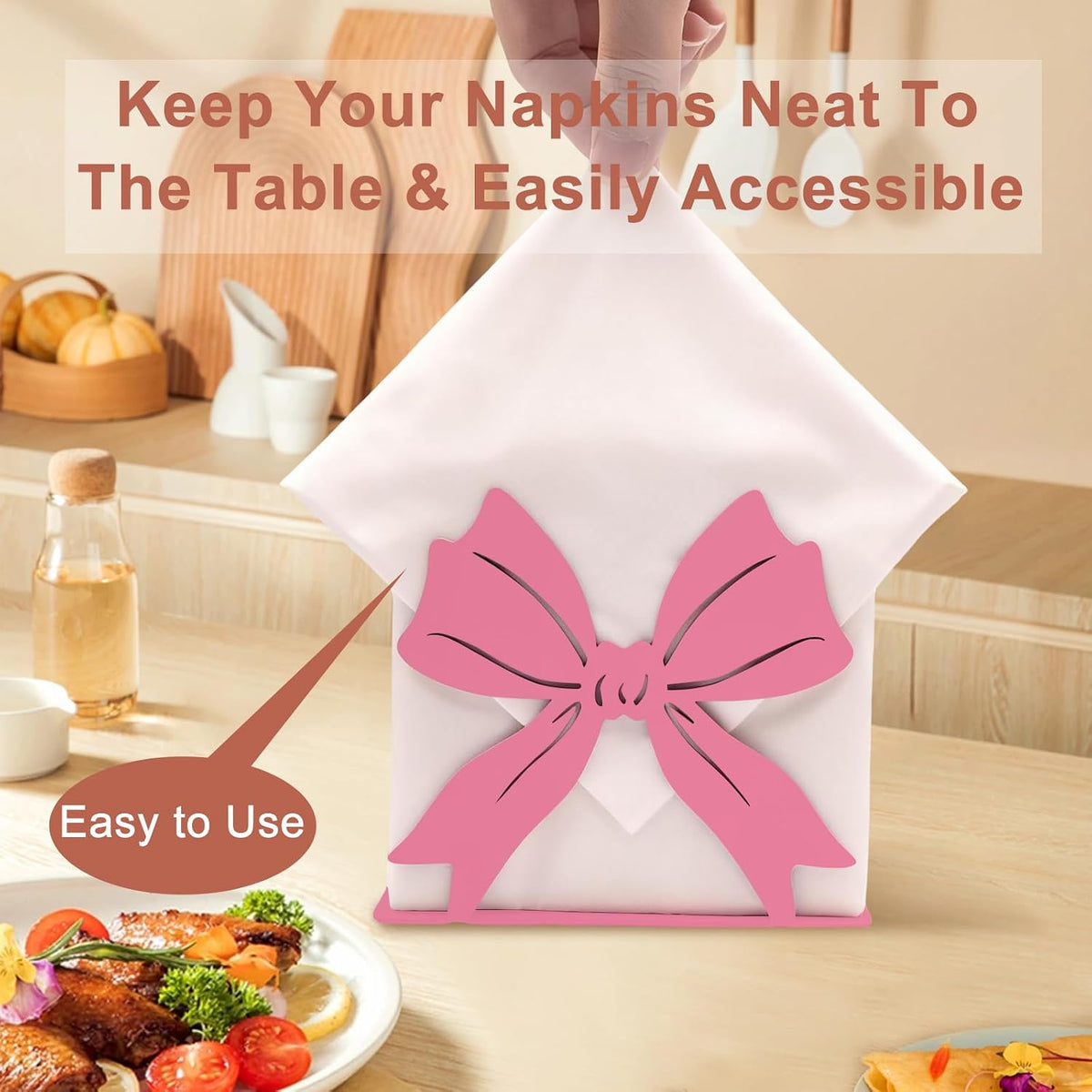Pink Bow Design Napkin Holder for Table,Metal Standing Napkin Dispenser for 5-inch Paper Napkins,Pink Metal Napkin Storage for Kitchen Dining Room Coffee Bar,Mail Letter Sorter Rack