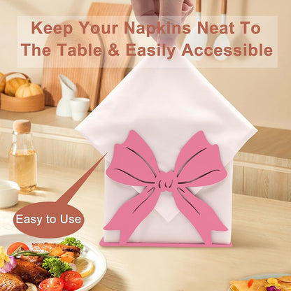 Pink Bow Design Napkin Holder for Table,Metal Standing Napkin Dispenser for 5-inch Paper Napkins,Pink Metal Napkin Storage for Kitchen Dining Room Coffee Bar,Mail Letter Sorter Rack