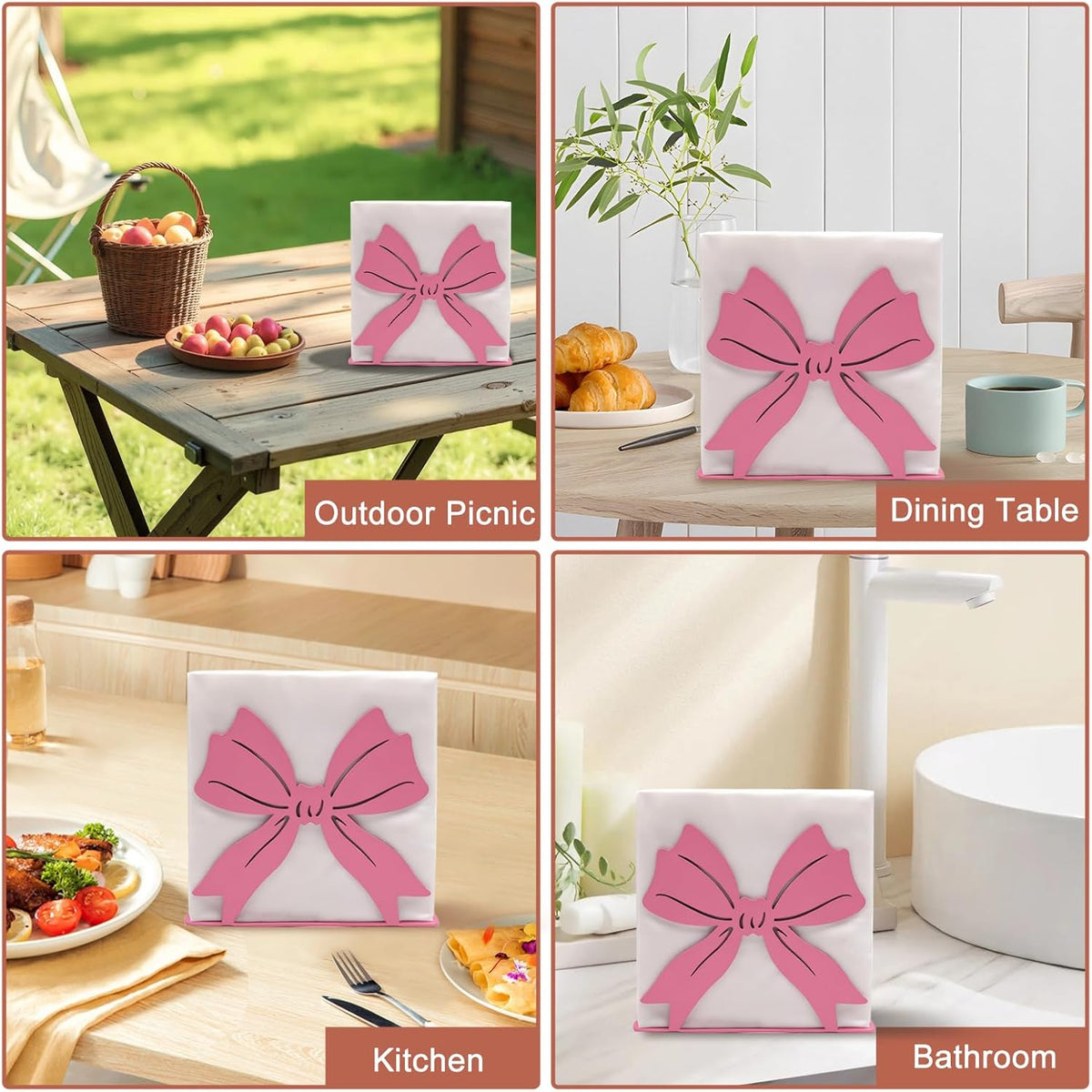 Pink Bow Design Napkin Holder for Table,Metal Standing Napkin Dispenser for 5-inch Paper Napkins,Pink Metal Napkin Storage for Kitchen Dining Room Coffee Bar,Mail Letter Sorter Rack