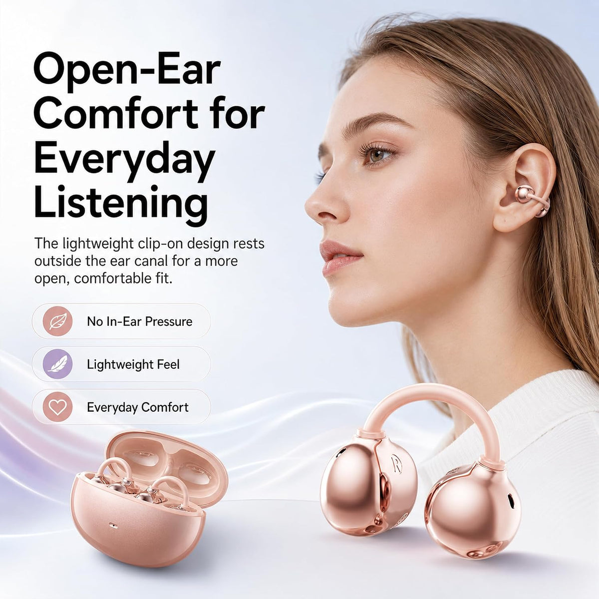 Open Ear Earbuds Clip on Earbuds Earbuds for Small Ears with Spatial Audio,Invisible Fit Air Conduction Headphones, Bluetooth 6.0 Open-Ear Clip for Running,Work & All-Day Comfort. (Rose Gold)