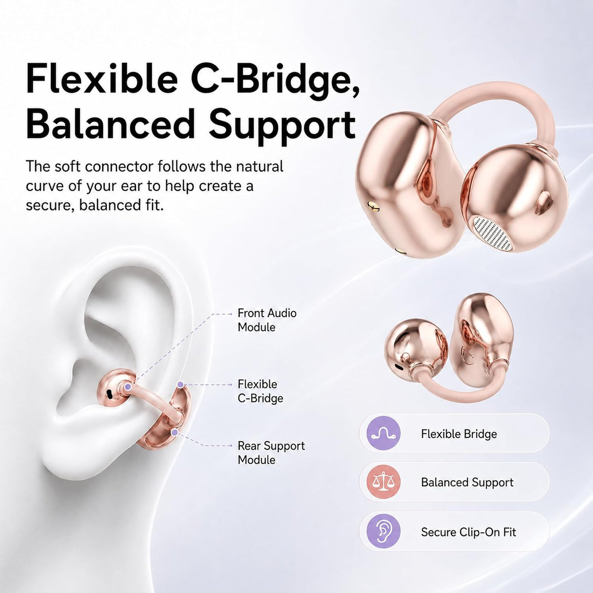 Open Ear Earbuds Clip on Earbuds Earbuds for Small Ears with Spatial Audio,Invisible Fit Air Conduction Headphones, Bluetooth 6.0 Open-Ear Clip for Running,Work & All-Day Comfort. (Rose Gold)