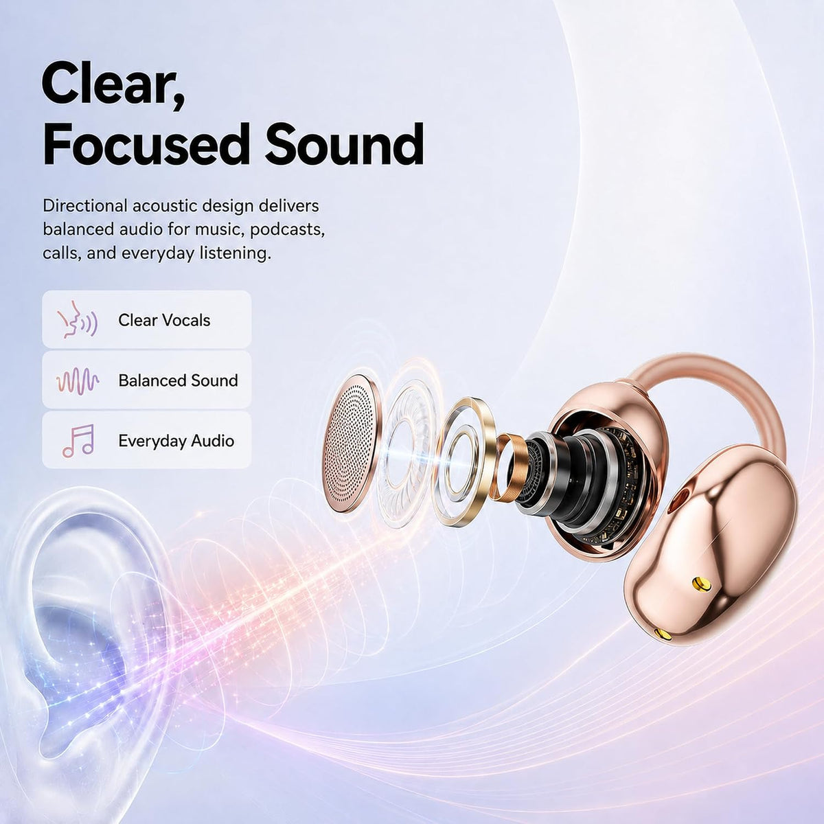 Open Ear Earbuds Clip on Earbuds Earbuds for Small Ears with Spatial Audio,Invisible Fit Air Conduction Headphones, Bluetooth 6.0 Open-Ear Clip for Running,Work & All-Day Comfort. (Rose Gold)