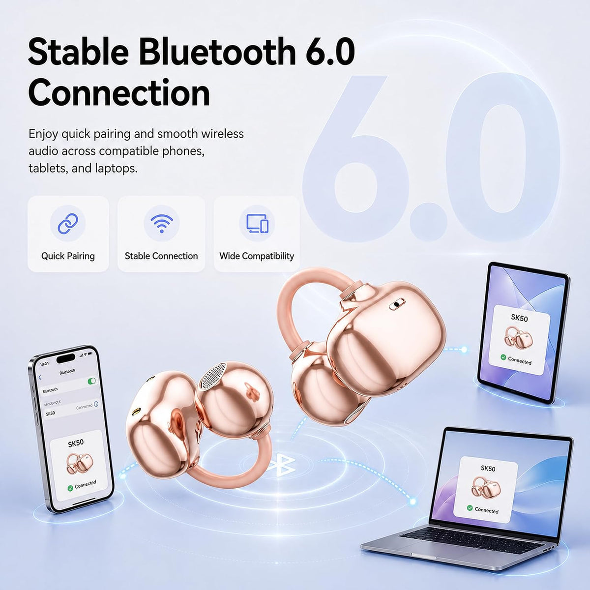 Open Ear Earbuds Clip on Earbuds Earbuds for Small Ears with Spatial Audio,Invisible Fit Air Conduction Headphones, Bluetooth 6.0 Open-Ear Clip for Running,Work & All-Day Comfort. (Rose Gold)