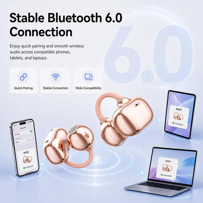 Open Ear Earbuds Clip on Earbuds Earbuds for Small Ears with Spatial Audio,Invisible Fit Air Conduction Headphones, Bluetooth 6.0 Open-Ear Clip for Running,Work & All-Day Comfort. (Rose Gold)