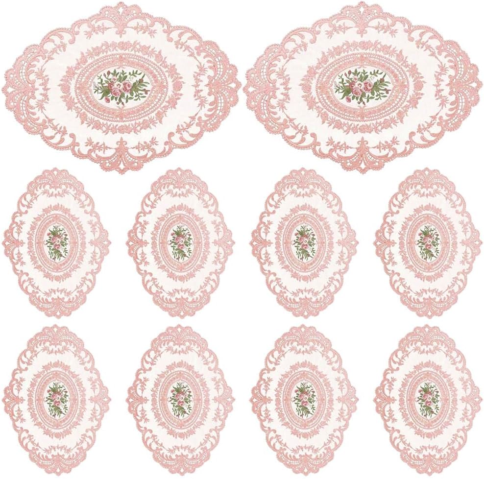10Pcs Lace Doilies for Table Floral Embroidered Lace Placemats Handmade Crochet Doilies 11'' x 16.5'' Exquisite Retro Victorian Table Mat for Wedding Cup Vase Table Decor (Pink)