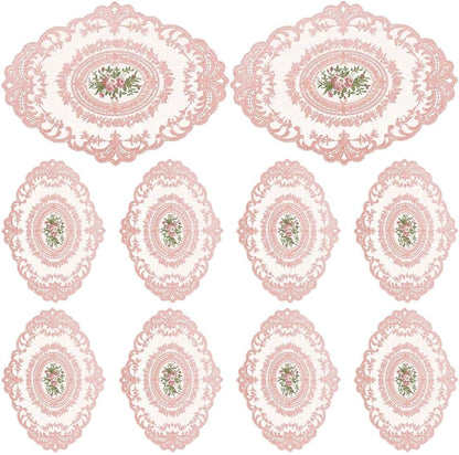 10Pcs Lace Doilies for Table Floral Embroidered Lace Placemats Handmade Crochet Doilies 11'' x 16.5'' Exquisite Retro Victorian Table Mat for Wedding Cup Vase Table Decor (Pink)